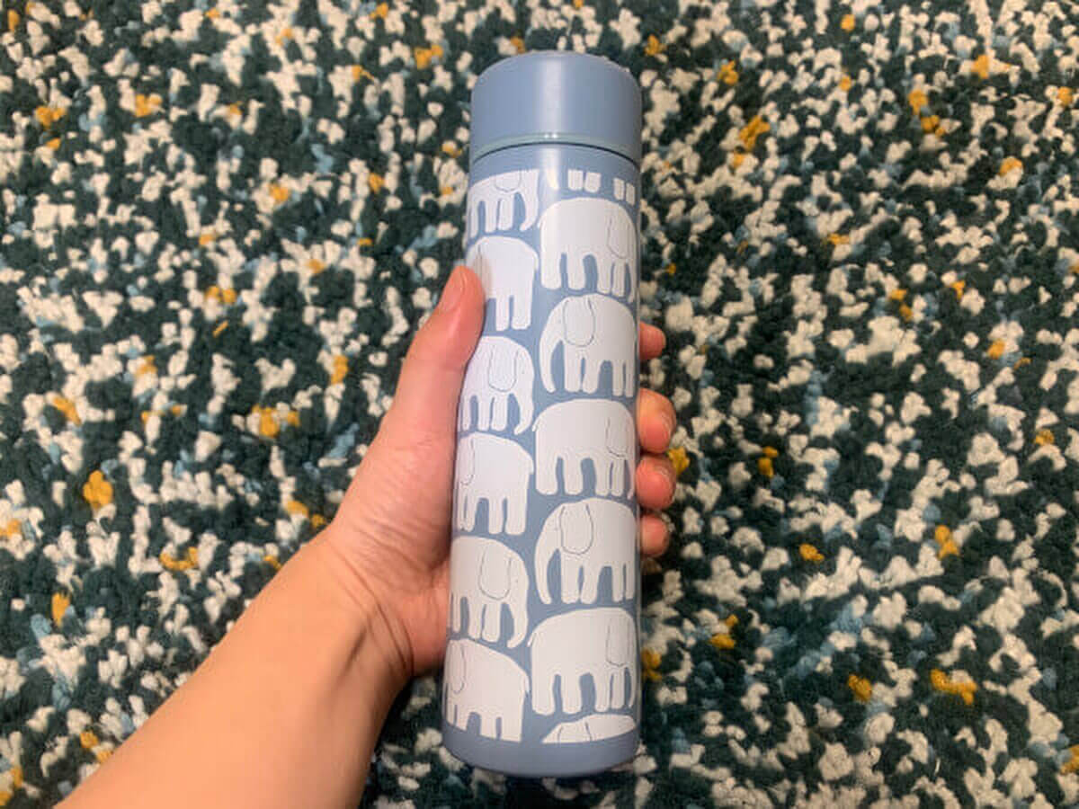 「大人のおしゃれ手帖」2023年9月号付録の「フィンレイソン 保冷ステンレスボトル」を手で持っている画像